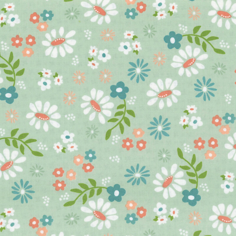 A minty green fabric with colorful, scattered florals.