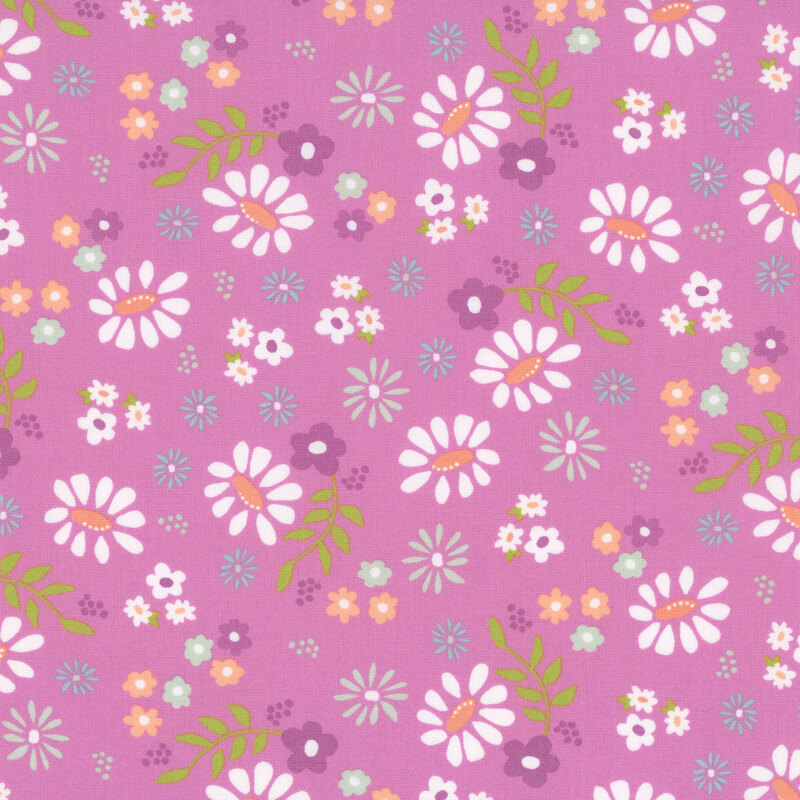 A mauve fabric with colorful, scattered florals.
