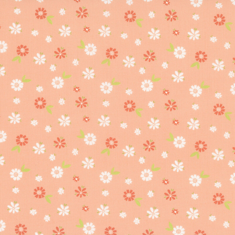 A peach fabric with white and salmon orange flowers.