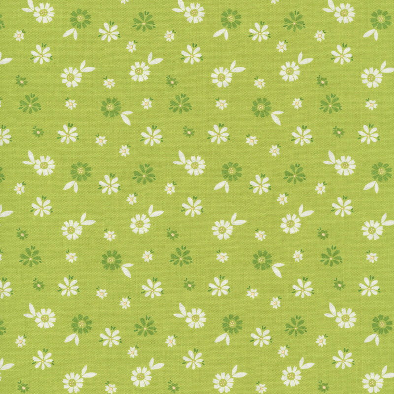 A lime green fabric with scattered grass green and white flowers.