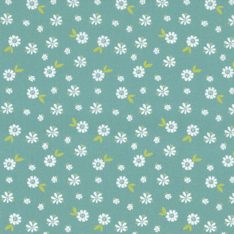 A teal fabric with scattered white flowers.