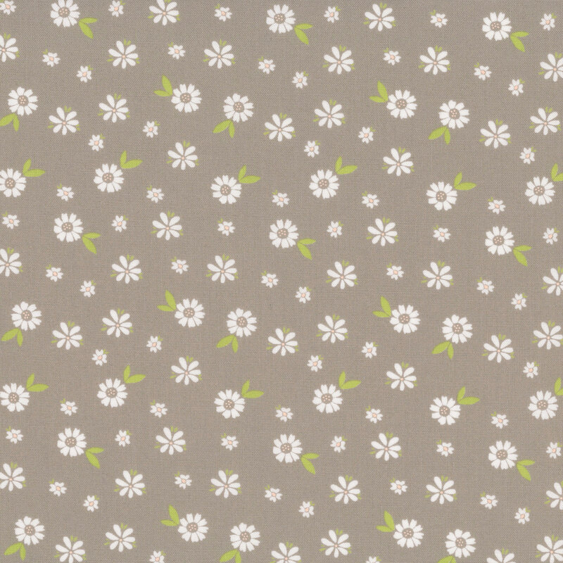 A warm gray fabric with scattered white flowers.