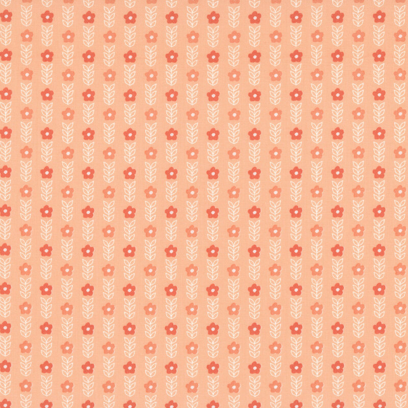 A peach fabric with rows of small flowers and white leafy sprigs.