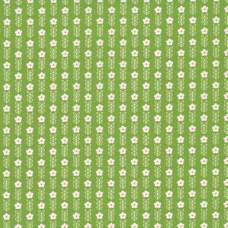 A grass green fabric with rows of white flowers and leafy stems.