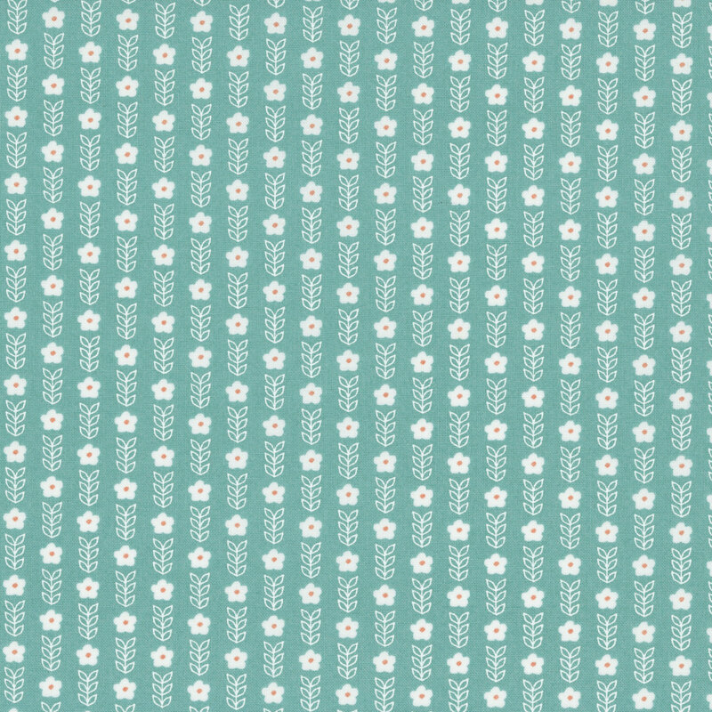 A teal fabric with neat rows of white flowers and leafy stems.