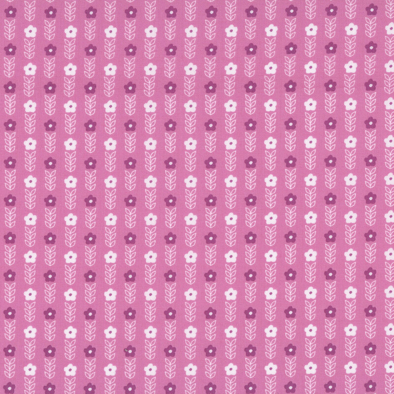A mauve fabric with rows of purple and white flowers and white stems.