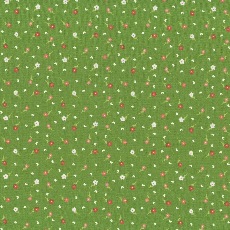 A grass green fabric with scattered red and white florals.