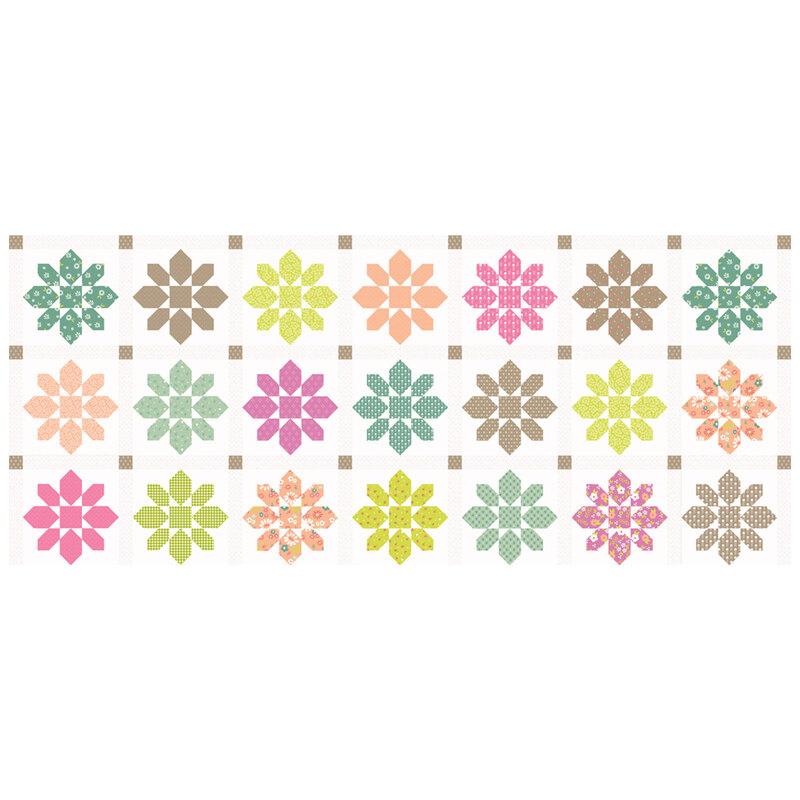 A white fabric panel with colorful star quilt blocks arranged in a repeating grid.