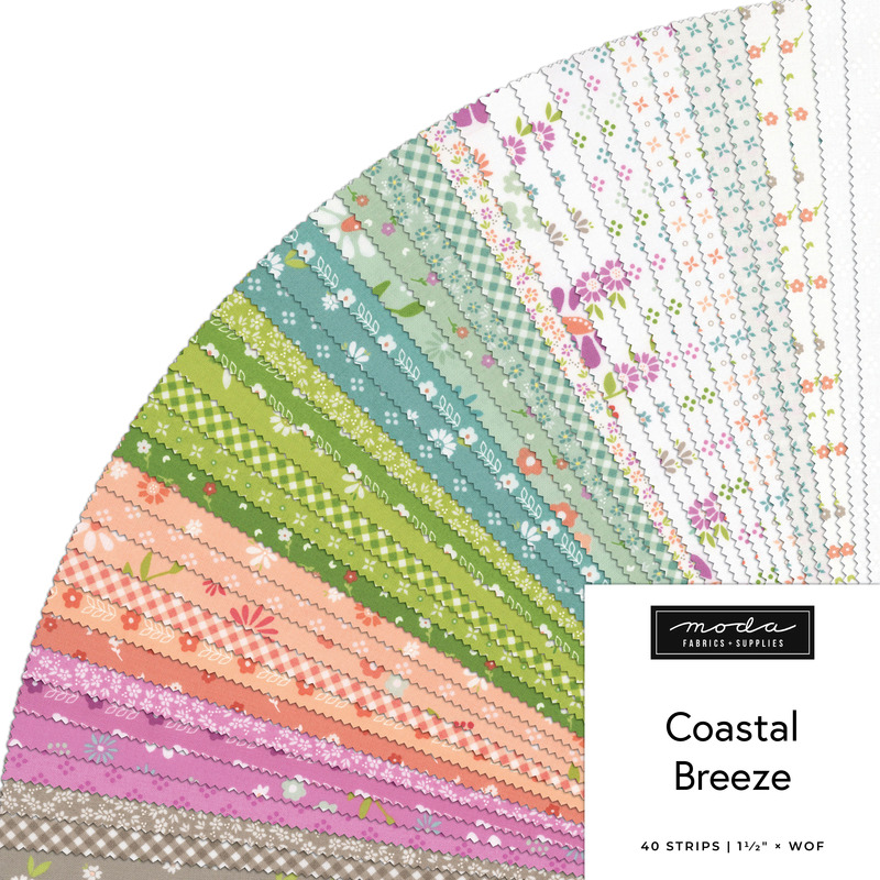 A collage of fabrics featured in the Coastal Breeze Honey Bun by Sherri & Chelsi for Moda Fabrics.