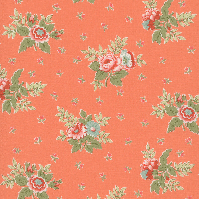 scattered red and teal bouquets with green foliage surrounded by tossed pink floral sprigs on an coral peach background.