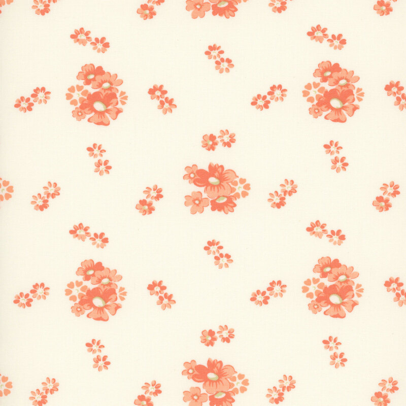 clusters of peach floral blossoms scattered on an ivory background.