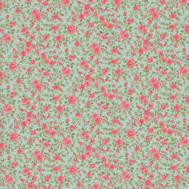 petite pink blossoms intertwined with green and brown leafy vines on an aqua mint background.