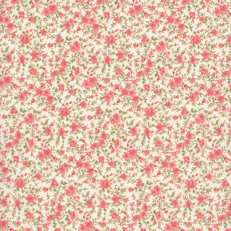 petite pink blossoms intertwined with green and brown leafy vines on an ivory background.