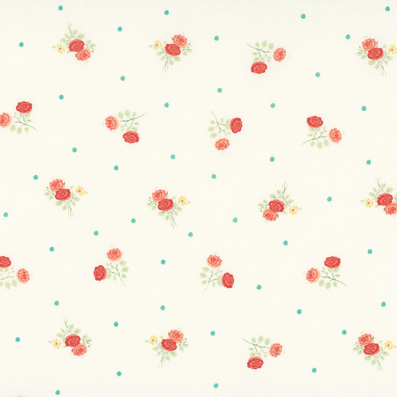 ivory fabric with scattered red and pink rose sprigs accented by teal dots.