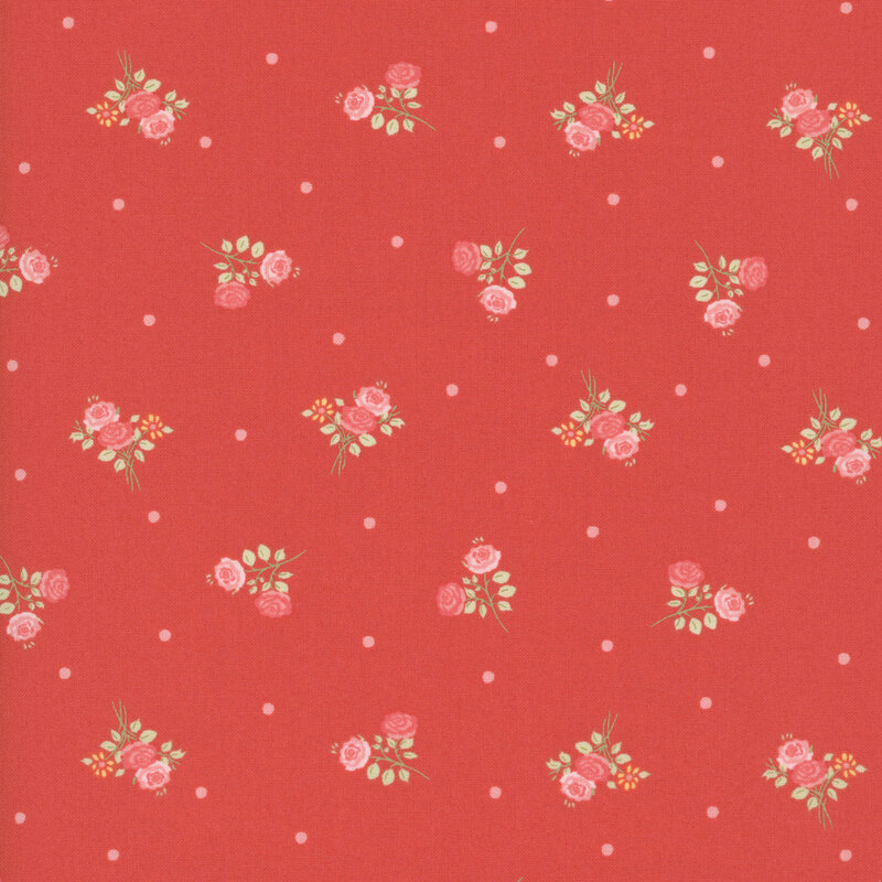 Vermilion red fabric with scattered blush and pale pink rose sprigs accented by soft pink dots.