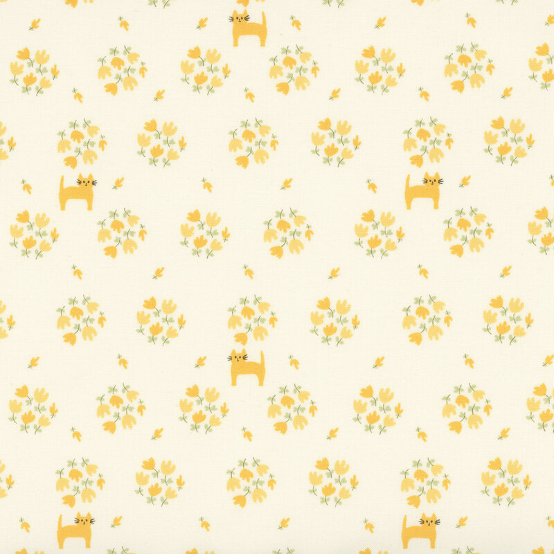 yellow cats scattered among clusters of yellow flowers and tiny leafy sprigs on an ivory background.