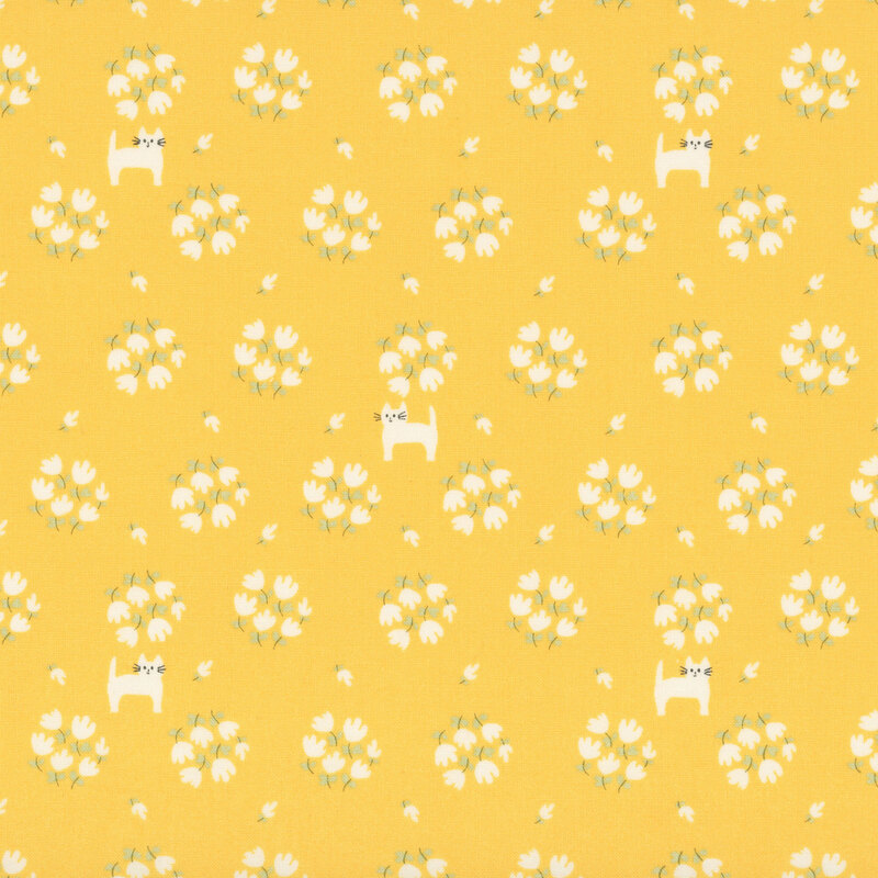 white cats scattered among clusters of white flowers and tiny leafy sprigs on an golden yellow background.