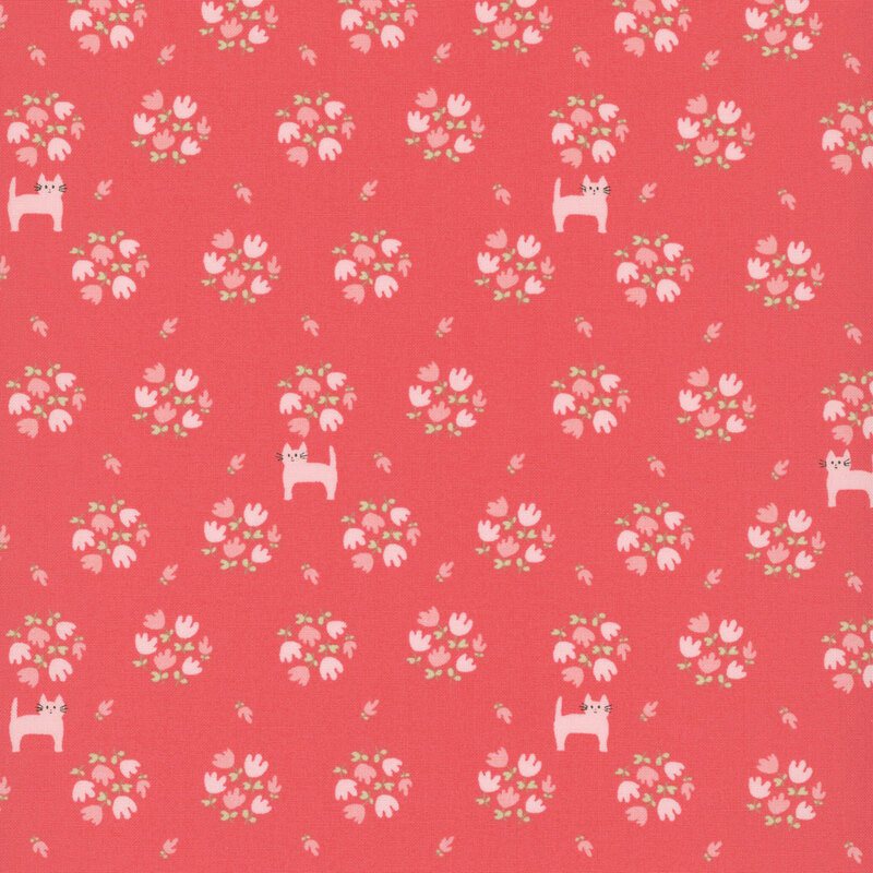 pale pink cats scattered among clusters of pink flowers and tiny leafy sprigs on an watermelon red background.