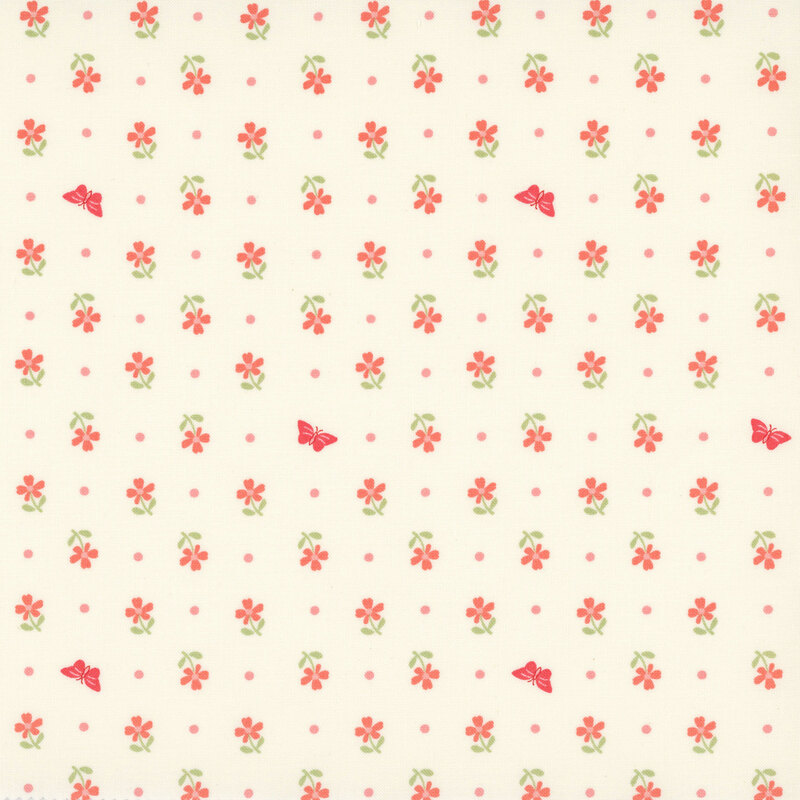 ivory fabric featuring rows of tiny coral flowers with soft green leaves, pink dots, and delicate strawberry pink butterflies
