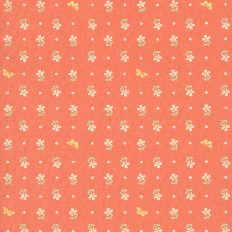 coral orange fabric featuring rows of tiny white flowers with soft green leaves, white dots, and delicate butter yellow butterflies