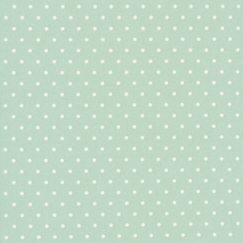 white polka dots on a soft aqua mint background.