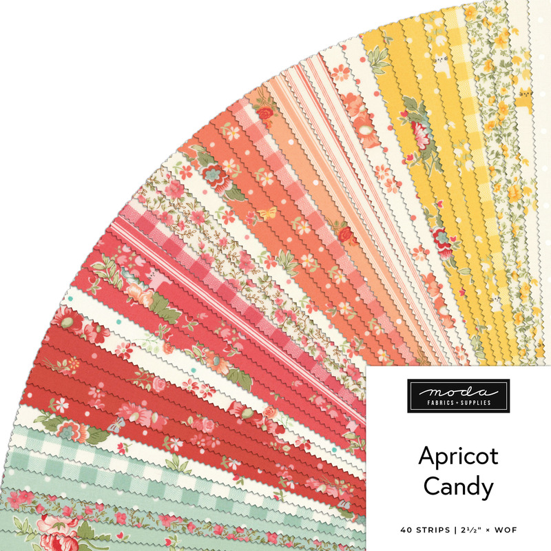 Fanned collage of floral, polka dot, and gingham summery fabrics from the Apricot Candy Jelly Roll
