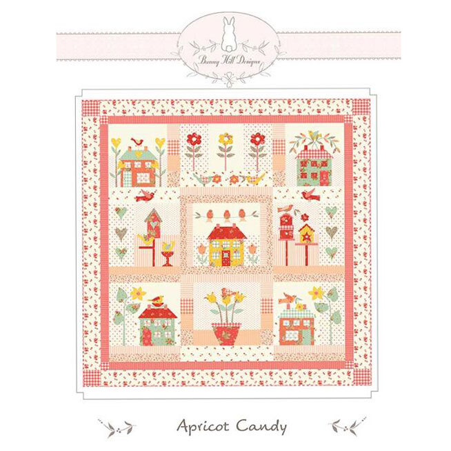 cover of the Apricot Candy quilt pattern featuring a sampler-style layout of whimsical houses and florals.