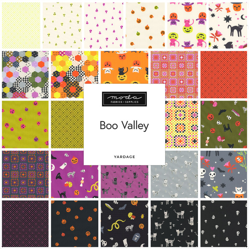 A collage of fabrics featured in the Boo Valley Collection by Ruby Star Society for Moda Fabrics.