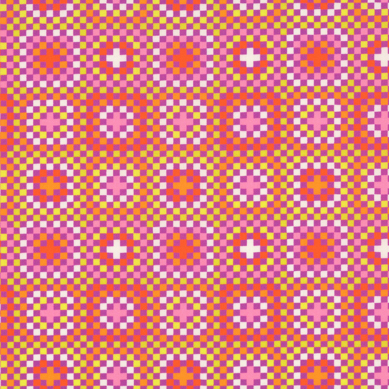 A fabric with a multicolored pixelated checkerboard and repeating cross motifs.