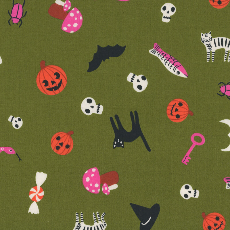 An olive green fabric with scattered Halloween motifs including cats, ghosts, candy, skulls, jack-o'-lanterns, moons, and bats.