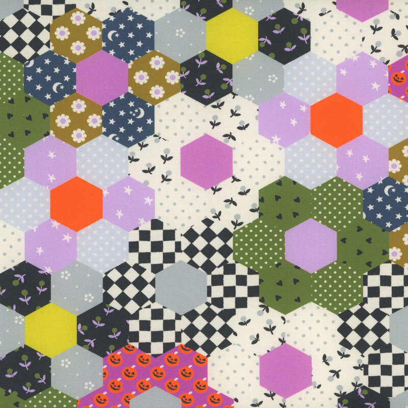 A cheater fabric with clustered patchwork hexagons filled with spooky fun patterns.