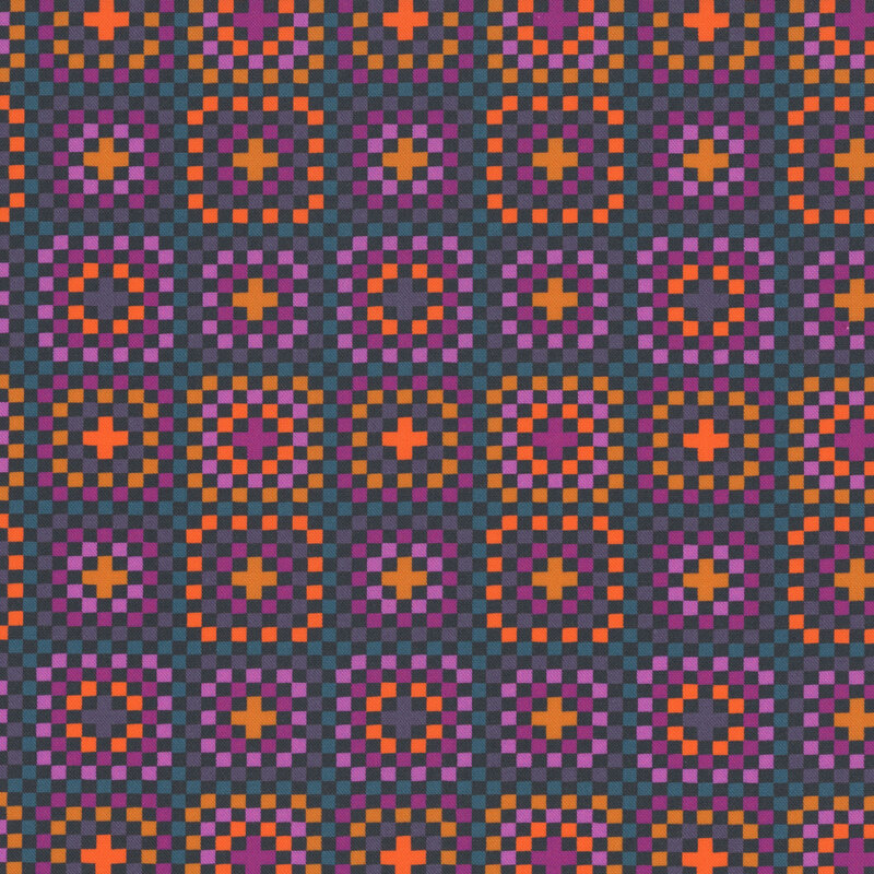A fabric with a multicolored pixelated checkerboard and repeating cross motifs.