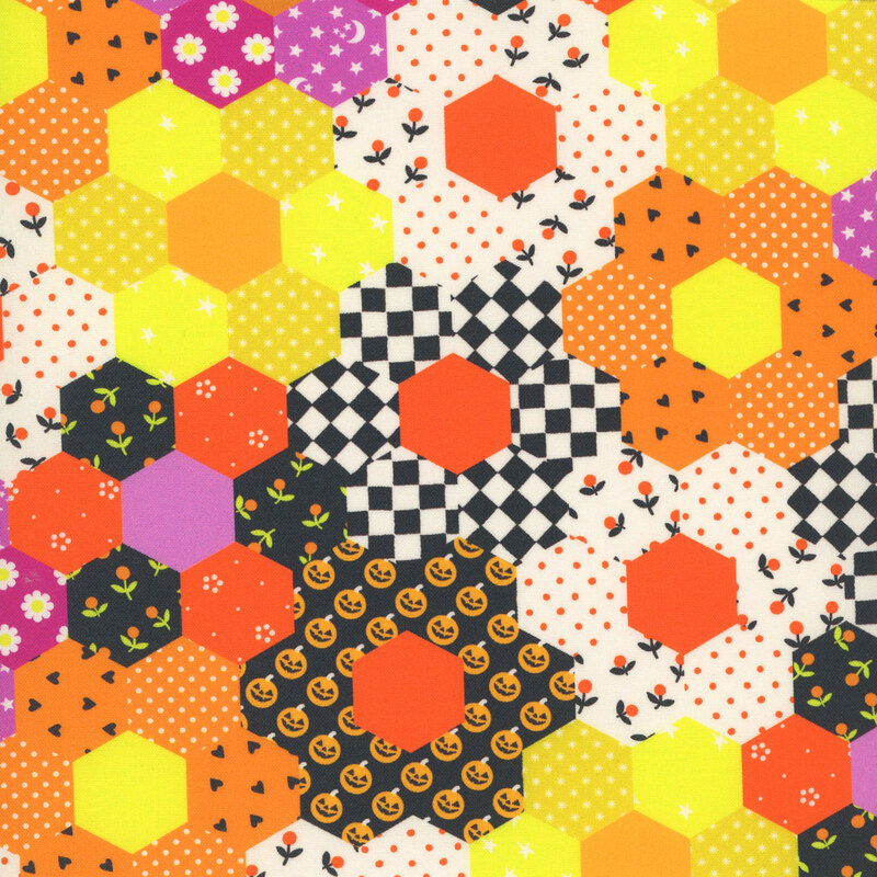 A cheater fabric with clustered patchwork hexagons.