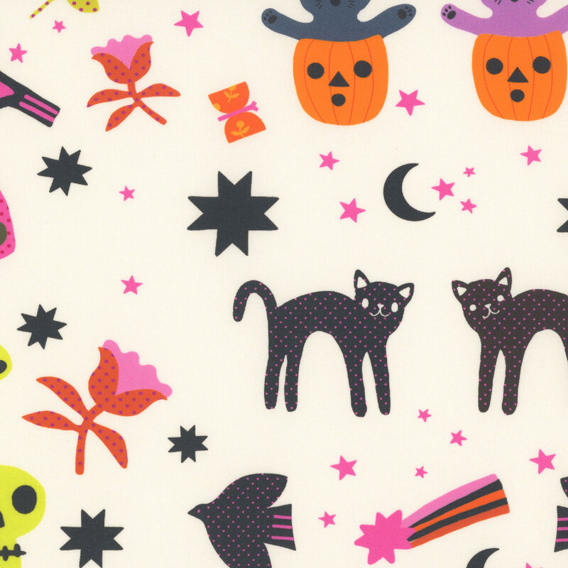 A cream fabric with scattered halloween motifs.