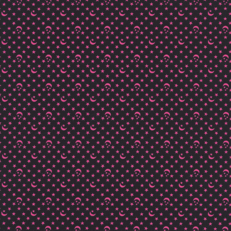 A black fabric with scattered magenta stars and crescent moons. 