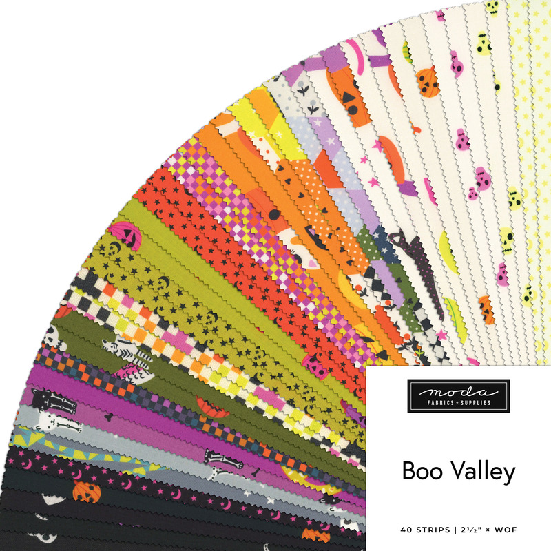 A collage of fabrics featured in the Boo Valley Jelly Roll by Ruby Star Society for Moda Fabrics