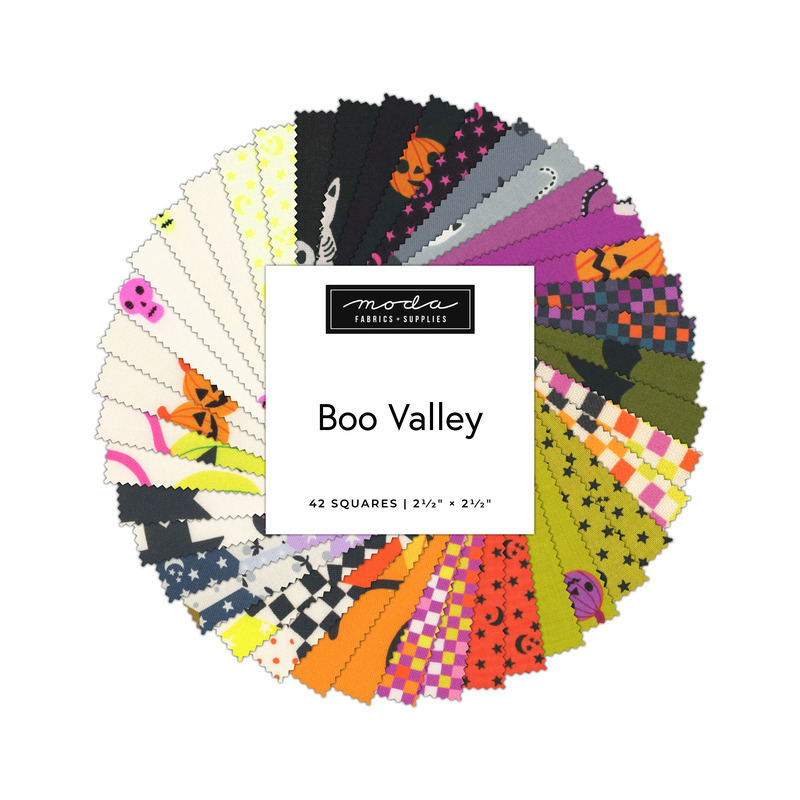 A collage of fabrics featured in the Boo Valley Mini Charm Pack by Ruby Star Society for Moda Fabrics.