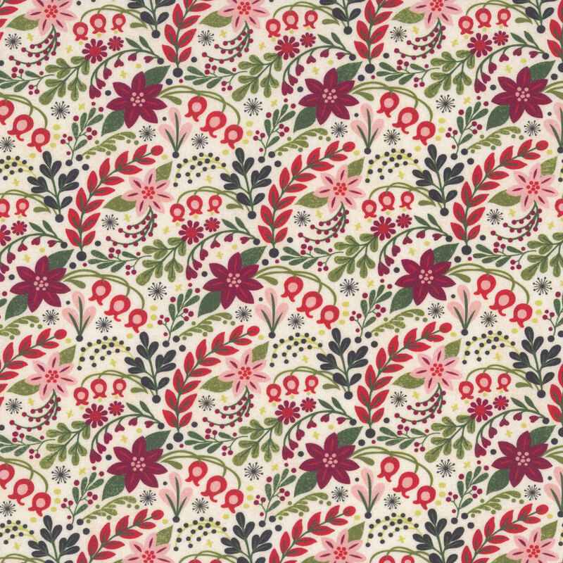 packed pattern of red and green winter florals on a beige background.