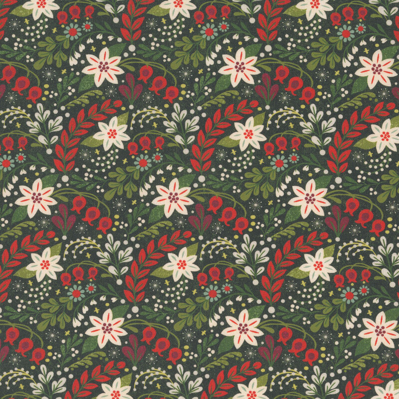 packed pattern of red, white, and green winter florals on a dark spruce background.