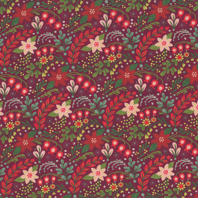 packed pattern of red, pink, and green winter florals on a burgundy background.