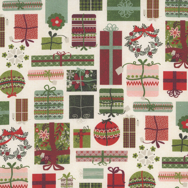 collage of Christmas presents, ornaments, wreaths, and snowflakes on a beige background.