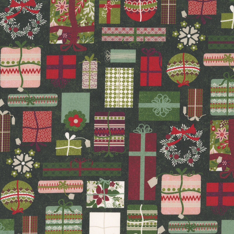 collage of Christmas presents, ornaments, wreaths, and snowflakes on a dark spruce background.
