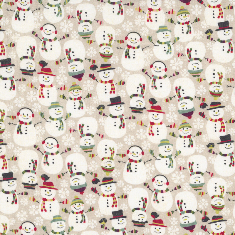 variety of bundled up snowmen with little birds, accented by snowflakes on a sandy beige background.