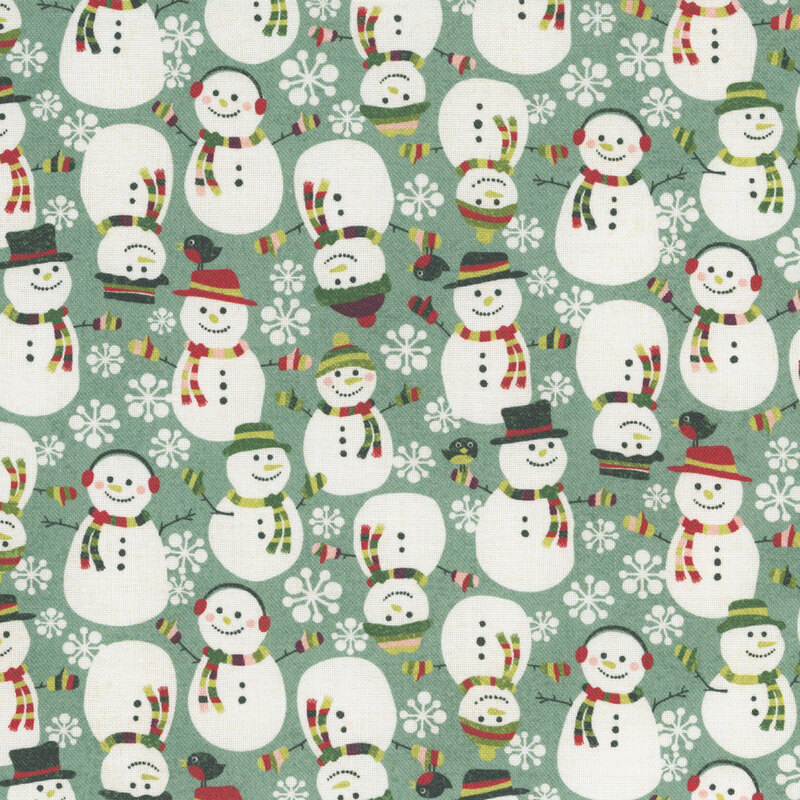 variety of bundled up snowmen with little birds, accented by snowflakes on a seafoam green background.