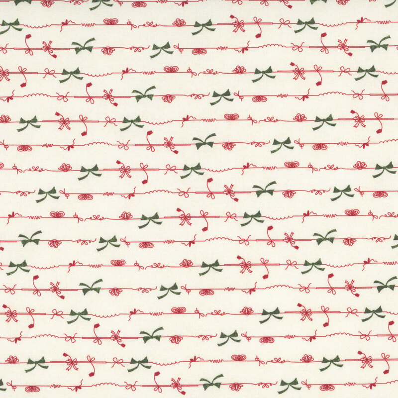 horizontal rows of delicate linework featuring red and green bows on a cream background.