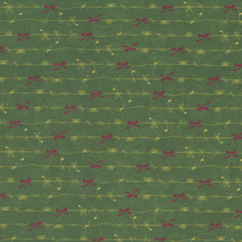 horizontal rows of delicate linework featuring red and gold bows on a mottled dark green background.