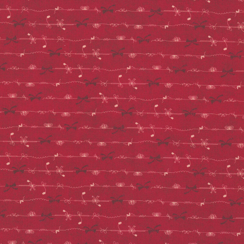 horizontal rows of delicate linework featuring red and ivory bows on a mottled crimson background.