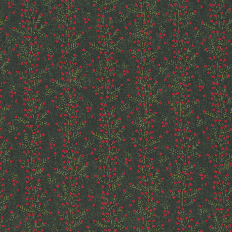 vertical garlands of evergreen sprigs with red berries on a spruce green background