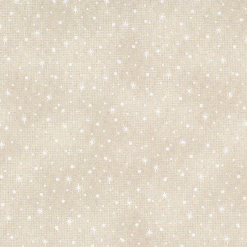 scattered white stars, and dots resembling snowfall on a mottled beige background.