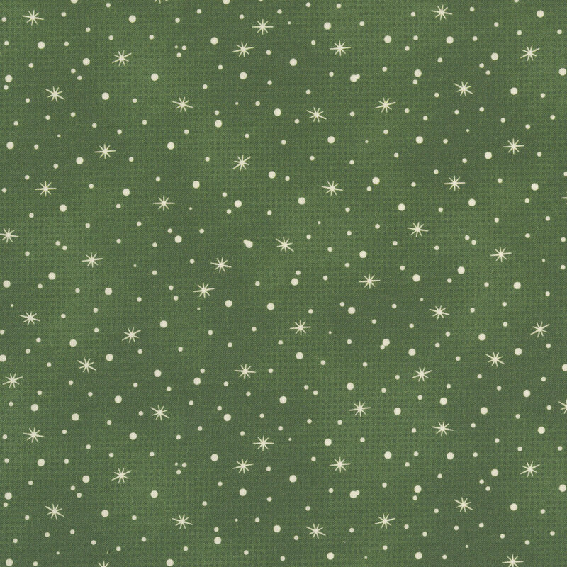 scattered white stars, and dots resembling snowfall on a mottled evergreen background.